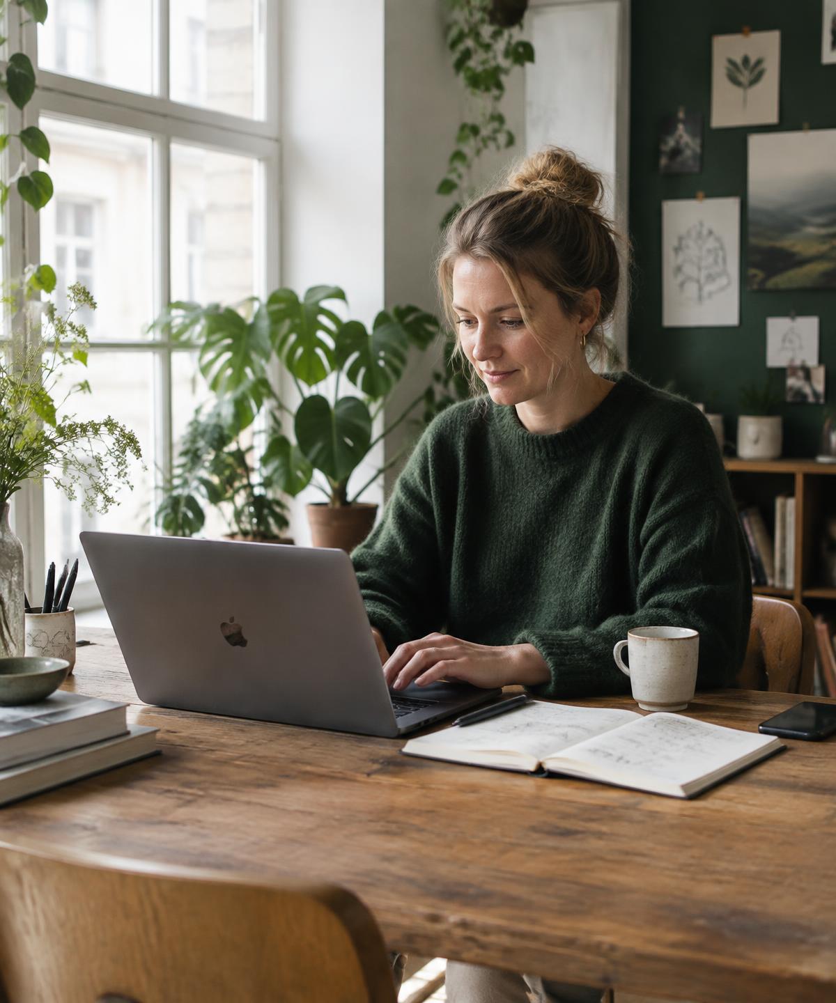 Frilansande designer som arbetar vid sin laptop i en ljus ateljé